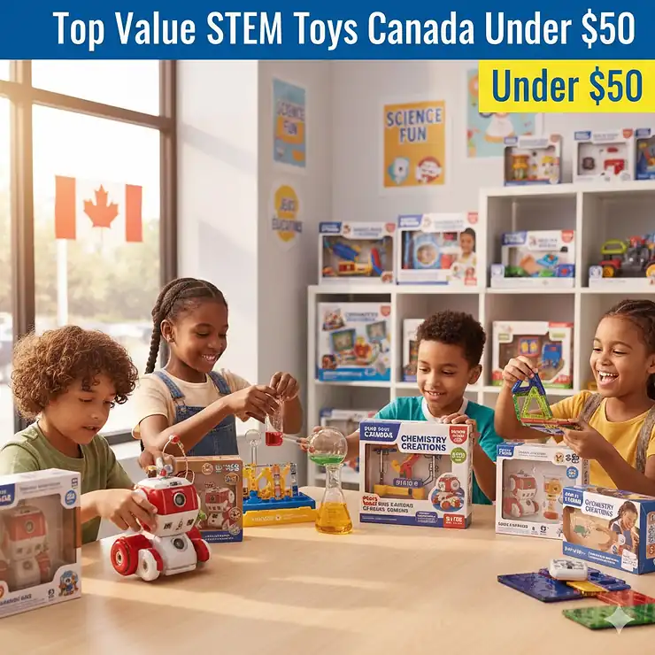 A diverse group of Canadian children playing with a coding robot and chemistry set, featuring affordable STEM toys under $50 available in Canada.
