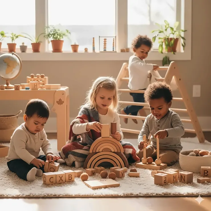 A diverse group of Canadian children playing with natural wood Montessori toys in a bright, sunlit playroom.