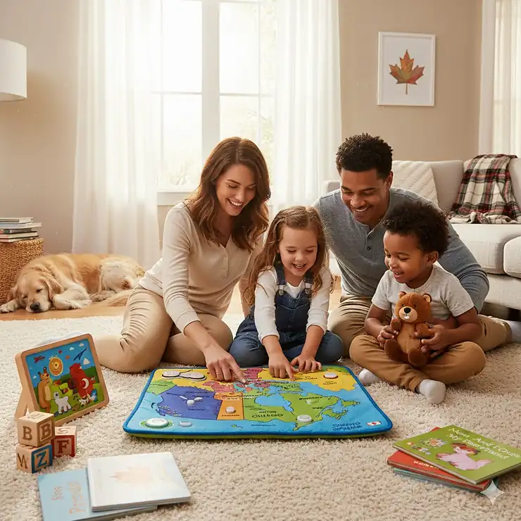 A Canadian family playing together with interactive bilingual learning toys featuring English and French audio. bilingual learning toys canada