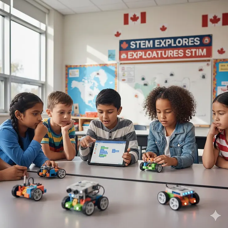Diverse Canadian elementary students in a bright Toronto classroom working together to program coding robots for kids during a STEM workshop.