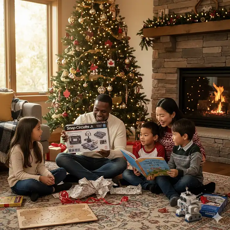A diverse Canadian family opening STEM toys and bilingual books by a fireplace with a decorated Christmas tree. educational gifts for kids canada christmas