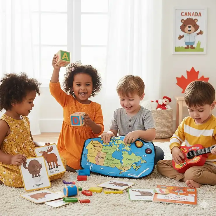 A group of diverse Canadian children playing with french learning toys for kids, including alphabet blocks and bilingual books in a bright playroom.