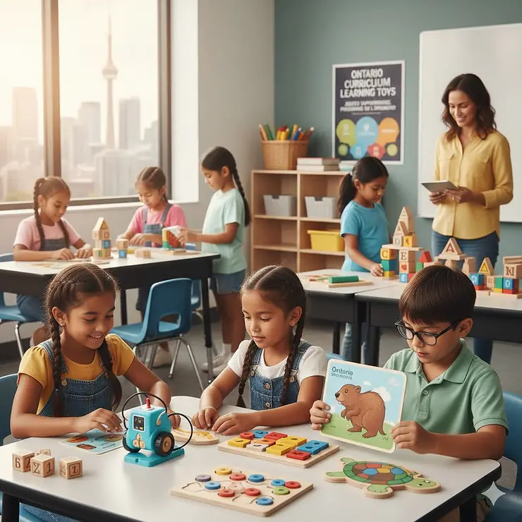 A group of diverse Canadian elementary students using STEM learning toys aligned with the Ontario curriculum in a bright Toronto classroom. ontario curriculum learning toys