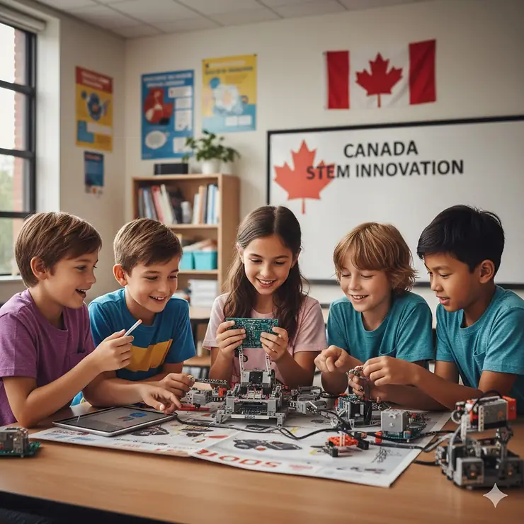 Diverse 8 year old children in Canada collaborating on a programmable robotics kit, a popular STEM toy for elementary students. stem toys for 8 year old canada