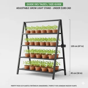 Diagram of an adjustable grow light stand under $100 showing height range in centimeters for Canadian indoor plants.