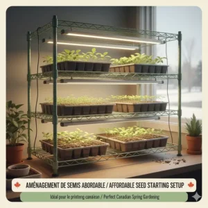 Illustration of a budget-friendly seed starting rack and grow light stand under $100 for Canadian spring gardening.