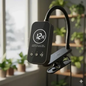 Illustration of a built-in 24-hour cycle timer on clip on grow lights for houseplants, ideal for short winter days in Canada.