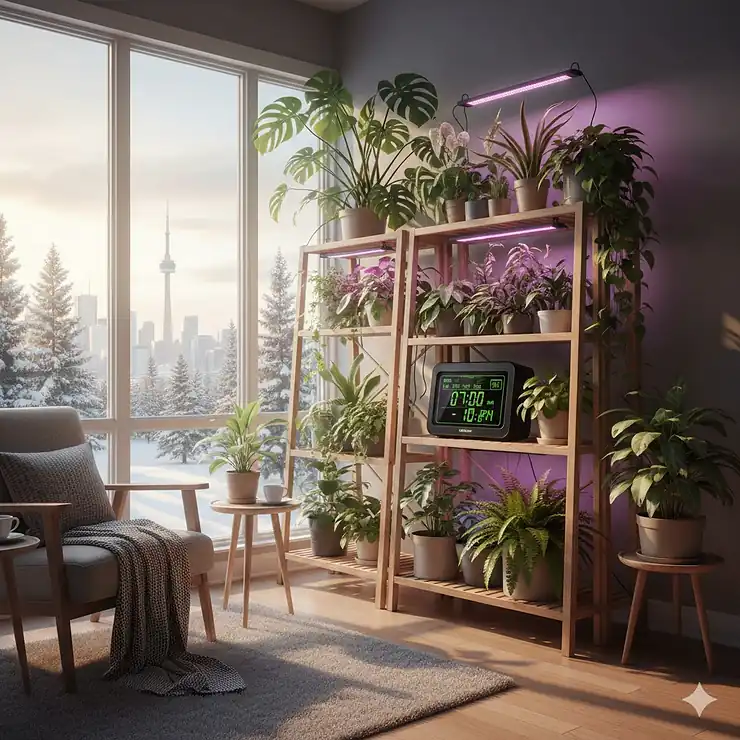 A smart automatic grow light timer managing a lush indoor herbal garden in a Toronto home during winter.
