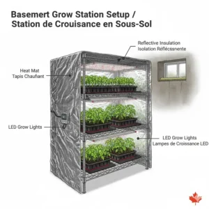 Illustration of a basement seedling grow lights setup in Canada with heat mats and reflective insulation for temperature control.