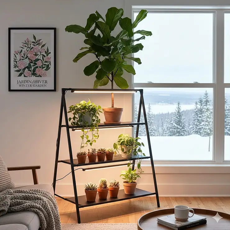 Modern LED grow light stand under $100 in a Canadian living room, supporting a fiddle leaf fig during winter. grow light stands under $100