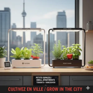 Compact VIPARSPECTRA XS1500 and Spider Farmer SF1000 setup for urban micro-gardening in Toronto and Vancouver.
