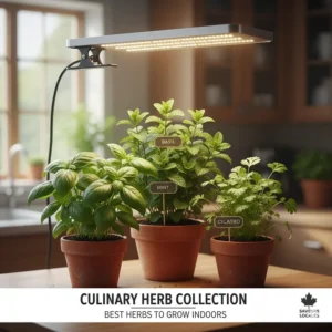 A variety of culinary herbs like basil and mint growing under adjustable grow lights for indoor herbs.