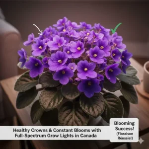 Close-up illustration of a healthy crown and blossoms achieved with full-spectrum grow lights in Canada.