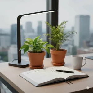 Stylish office desk with grow lights and a notebook with English and French text, highlighting Canadian bilingualism.