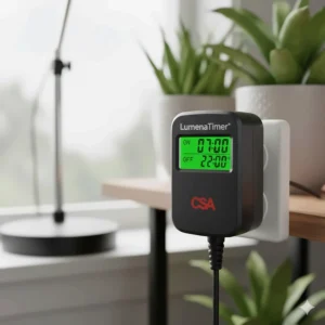 Illustration highlighting the CSA safety certification logo on a high-quality automatic grow light timer.