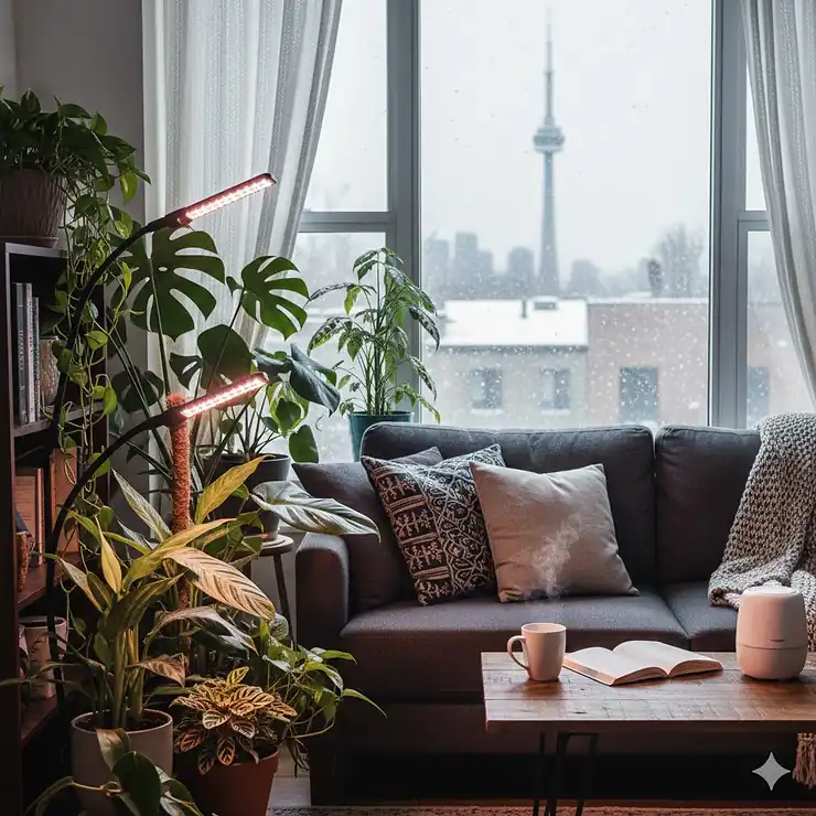 A cozy Toronto apartment living room featuring vibrant tropical houseplants supplemented by adjustable clip on grow lights for houseplants during a snowy Canadian winter.