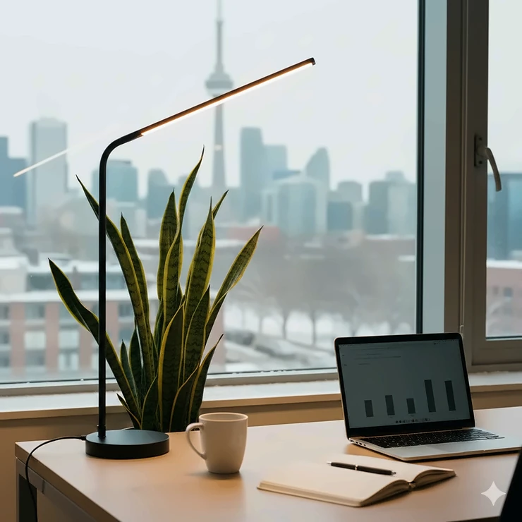 A modern Toronto office desk featuring a lush snake plant under a sleek LED grow light with a snowy window view.