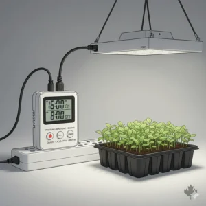 Illustration of an automated light timer with bilingual English and French labels for a 16-hour light cycle.