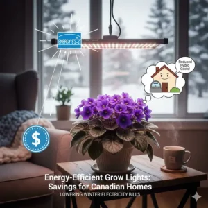 Illustration of an Energy Star rated grow light helping Canadian hobbyists save on winter electricity bills.