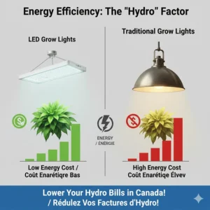 Comparison of energy consumption and Canadian hydro cost savings when switching to LED indoor plant lighting.