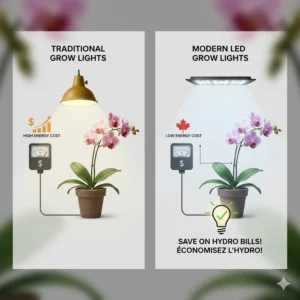 A graphic highlighting the low-wattage benefits of LED lights for cost-effective indoor gardening in Canada.