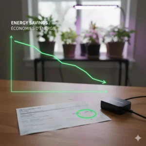 An illustration showing energy savings on a Canadian hydro bill using an automatic grow light timer.