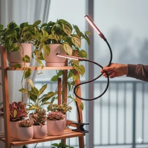 A 360-degree flexible gooseneck arm on a clip on grow light for houseplants being adjusted to cover multiple plant tiers.