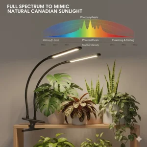 A technical diagram illustrating the full spectrum wavelengths of clip on grow lights for houseplants to mimic natural Canadian sunlight.
