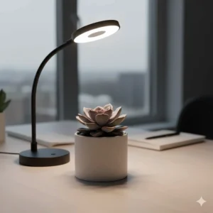 Close-up of a full-spectrum desk plant grow light illuminating a small succulent in a minimalist Canadian workspace.
