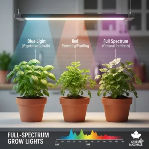 Infographic explaining full-spectrum grow lights for indoor herbs to maximize flavor and growth.