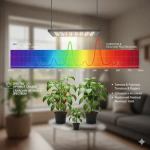 Illustration of the PAR light spectrum optimized for growing tomatoes and peppers indoors in Canada.