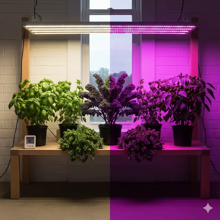 Comparison of full spectrum versus purple grow lights for an indoor garden in Canada, showing white natural light on one side and pink-hued light on the other. full spectrum vs purple grow lights which is better