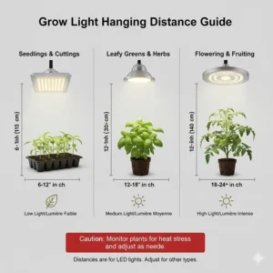 Infographic showing the optimal distance between LED grow lights and plant canopies to prevent leaf burn.