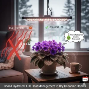 Illustration showing how low-heat LEDs prevent leaf scorch in dry, heated Canadian homes during February.