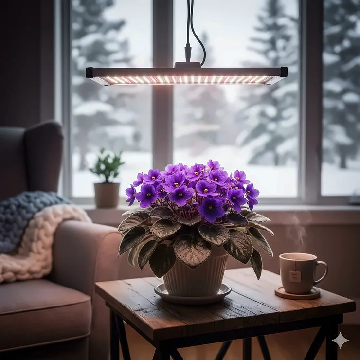 A vibrant purple African violet blooming indoors under a sleek LED grow light during a Canadian winter. grow lights for blooming African violets