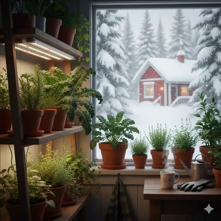 A lush indoor vegetable garden in a Canadian home featuring kale and herbs under full-spectrum LED grow lights during a snowy winter. grow lights for indoor vegetable garden