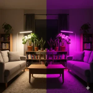 Visual comparison of how white full spectrum vs purple grow lights affect the interior design and colour of a Canadian living room.