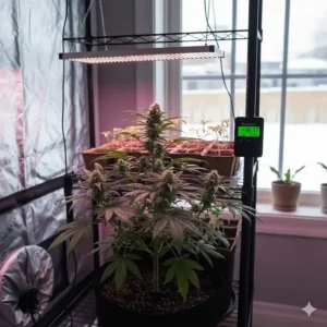 A legal home-grown cannabis plant in Canada utilizing a precise automatic grow light timer for flowering cycles.