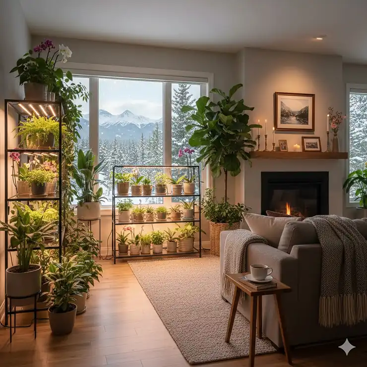 A cozy Canadian home interior during winter featuring vibrant indoor tropical plants thriving under full-spectrum LED grow lights. how to choose grow lights for indoor plants