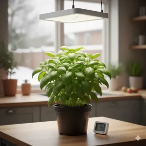 Healthy green basil plant growing in a Canadian kitchen under a white full spectrum grow light to prevent legginess.