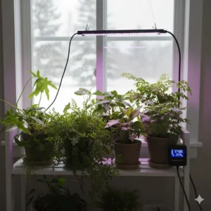 Illustration of vibrant indoor plants thriving against a snowy Canadian window backdrop with a light timer.