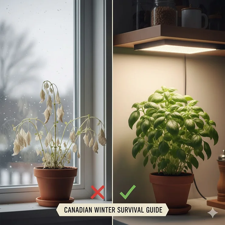 Illustration showing how grow lights for indoor herbs prevent wilting during dark Canadian winter months.