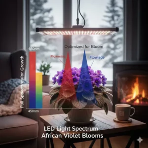 Diagram showing the red and blue light spectrum ideal for blooming African violets in indoor Canadian gardens.