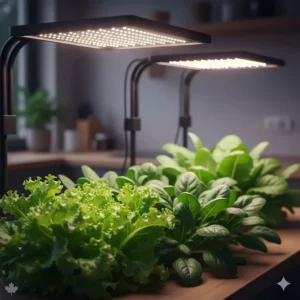 Close-up illustration of vibrant lettuce and spinach growing under adjustable-arm LED grow lights.