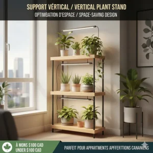 Space-saving 3-tier vertical plant stand with integrated grow lights, priced under $100 for urban Canadian apartments.