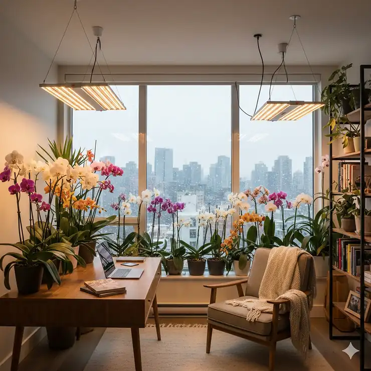 A vibrant indoor orchid garden in a Canadian home thriving under full-spectrum LED grow lights during winter. orchid LED grow light requirements