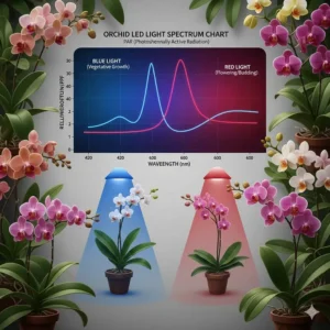 A diagram showing the ideal PAR spectrum for orchids, highlighting blue and red LED peaks for growth.