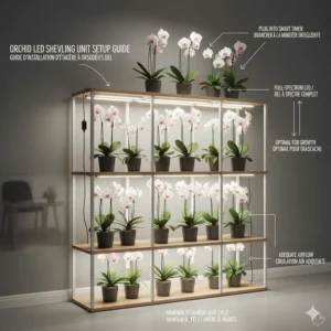 A bilingual English and French diagram of an orchid shelving unit with integrated LED grow light strips.