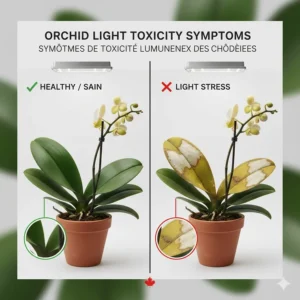 Educational illustration showing yellowing versus healthy green orchid leaves under different LED intensities.