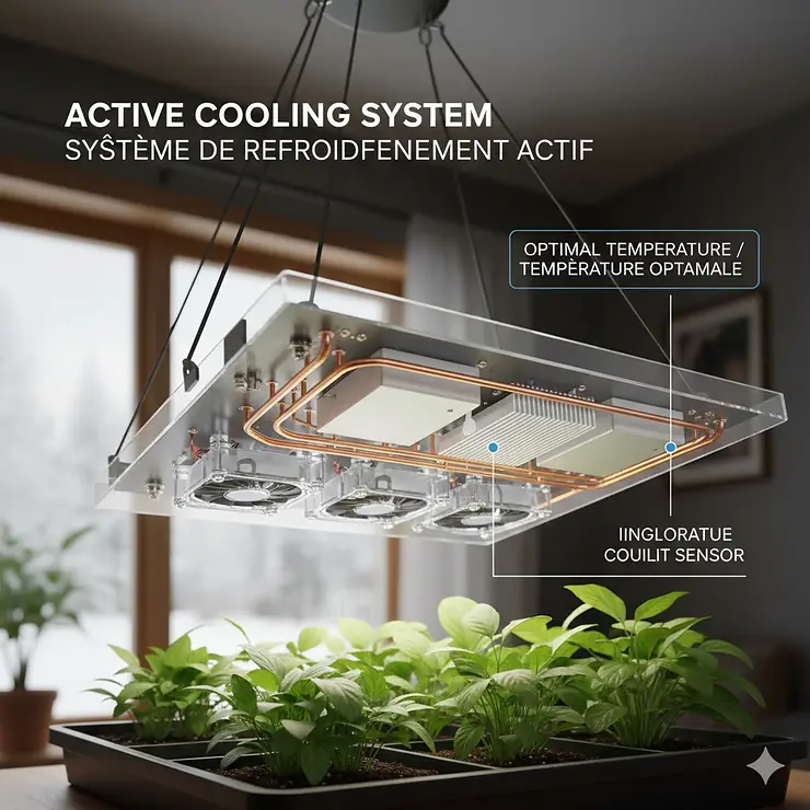 High-output panel grow lights for indoor garden in a Canadian home during winter.
